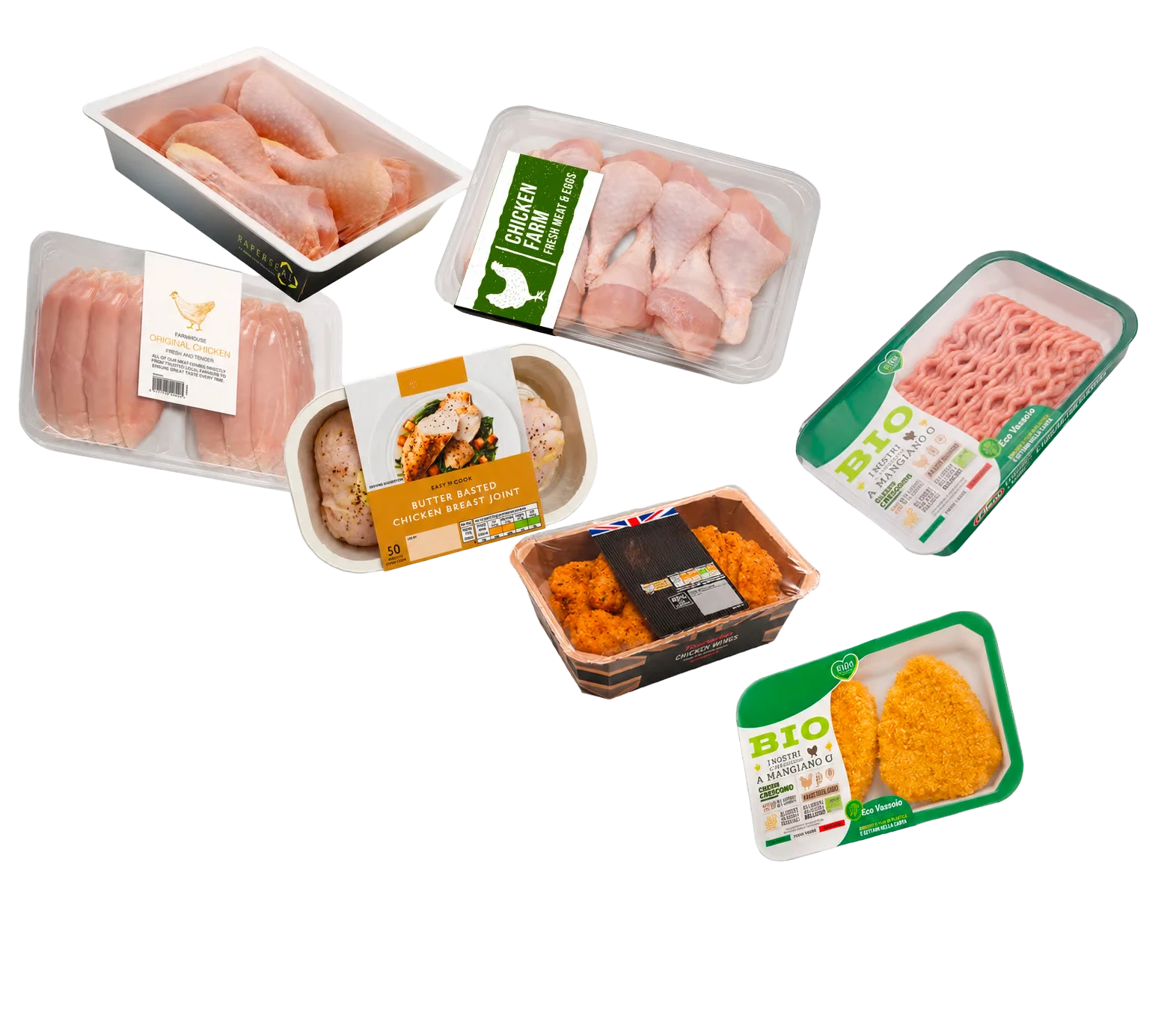 Exemples de barquettes de volaille, viande hachée et préparations alimentaires